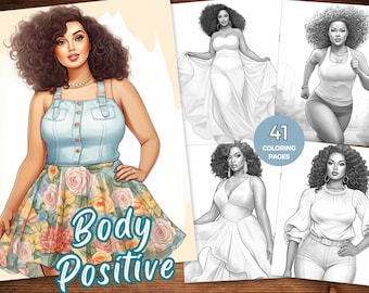 Body Positive Coloring Book Elegant Black Women Coloring Pages for Adults Portraits of Black Women Grayscale Plus Size Beauty African Women