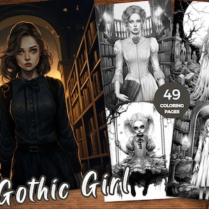 Chicas góticas para colorear Páginas para colorear de belleza gótica en escala de grises Imprimible para adultos Chica fantasma Vampiro Chica gótica victoriana Chica inquietante