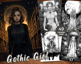 May include: A collection of Gothic Girl coloring pages. The main image features a woman in a dark dress in a library setting. Other pages show illustrations of gothic women and scenes. The text "49 Coloring Pages" is visible.
