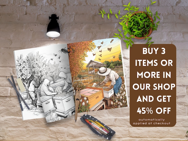 May include: A coloring book open to two pages, one page shows a black and white illustration of beekeepers harvesting honey, the other page shows a colored illustration of beekeepers harvesting honey. The text on the page reads "BUY 3 ITEMS OR MORE IN OUR SHOP AND GET 45% OFF automatically applied at checkout."