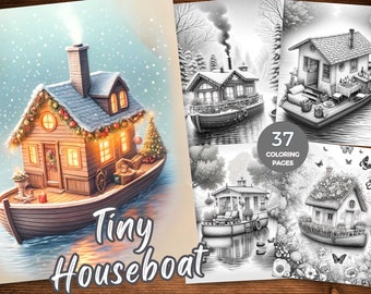 May include: A cozy, Christmas-themed houseboat with a snowy roof, twinkling lights, and a wreath on the door. The houseboat is floating on a calm body of water. The text "Tiny Houseboat" is written below the image.