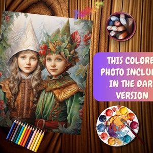 May include: A painting of two children dressed in fantasy costumes. The girl on the left wears a white and red hat and a brown and gold dress. The boy on the right wears a green and brown hat and a green and brown dress. Both children have long brown hair and are looking at the viewer.