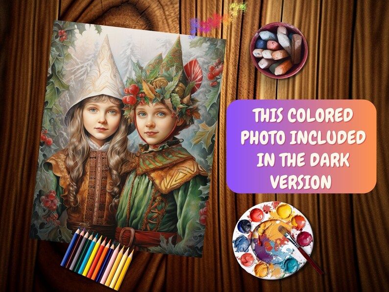 May include: A painting of two children dressed in fantasy costumes. The girl on the left wears a white and red hat and a brown and gold dress. The boy on the right wears a green and brown hat and a green and brown dress. Both children have long brown hair and are looking at the viewer.