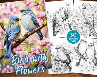 Bird with Flowers coloring pages for Adults Instant Download Floral Birds Grayscale Coloring Book Avian Floral Coloring Sheets Bird coloring