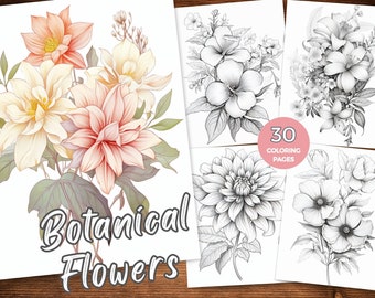 Botanical Flowers Coloring Book Flower Coloring Pages Printable Floral coloring sheets Botanical Coloring Grayscale coloring Printable PDF
