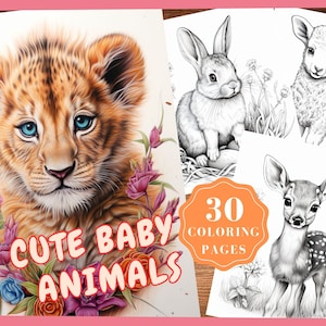 Cute Baby Animals Grayscale Coloring Pages | Printable Adult Coloring Pages | Download Grayscale Illustration | Dogs Cats Deers Lions Tiger