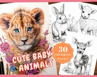 Cute Baby Animals Grayscale Coloring Pages | Printable Adult Coloring Pages | Download Grayscale Illustration | Dogs Cats Deers Lions Tiger