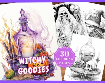 May include: A set of 30 coloring pages featuring spooky and whimsical Halloween illustrations. The images include a witch, a ghost, a skull, and a potion bottle. The text "Witchy Goodies" is featured on one of the pages.