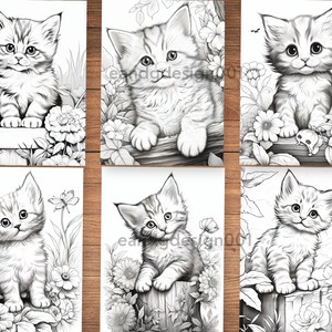 May include: Six black and white illustrations of cute kittens in a garden setting. Each kitten is sitting on a wooden fence post with flowers and greenery surrounding them.