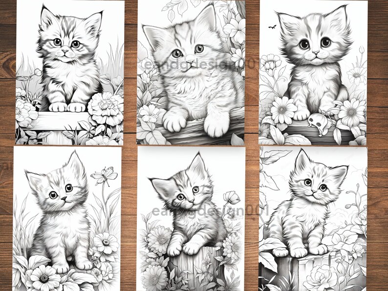 May include: Six black and white illustrations of cute kittens in a garden setting. Each kitten is sitting on a wooden fence post with flowers and greenery surrounding them.