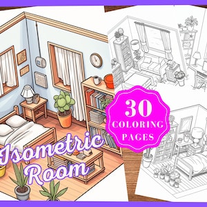 Fantasy Isometric Room Coloring Pages, Interior Isometric Coloring Printables, Pocket Room Coloring Sheets,Cozy Living Room,Bedroom,Kitchen
