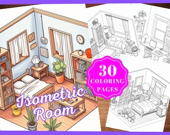 Fantasy Isometric Room Coloring Pages, Interior Isometric Coloring Printables, Pocket Room Coloring Sheets,Cozy Living Room,Bedroom,Kitchen