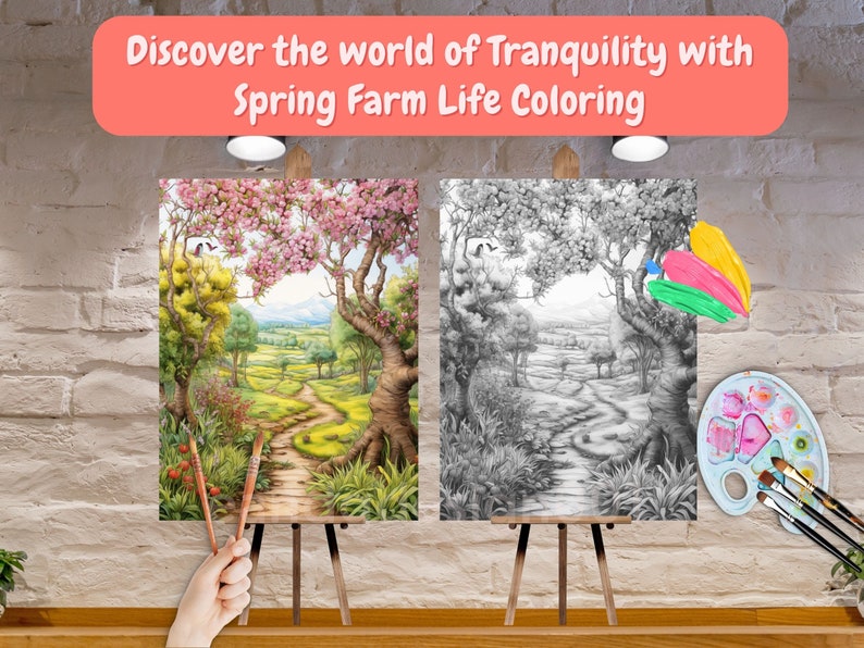 May include: A coloring book page with a black and white illustration of a spring farm scene. The scene includes a winding path, trees, and a distant mountain range. The page is on an easel with paintbrushes and a paint palette nearby. The text "Discover the world of Tranquility with Spring Farm Life Coloring" is at the top of the image.