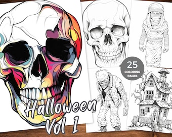 Páginas para colorear de Halloween Libro para colorear de calaveras de Halloween para adultos Descarga instantánea en PDF para imprimir Fantasía en escala de grises Colorear Bruja de Halloween