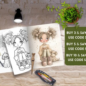 Peut inclure: Un livre de coloriage ouvert pr&eacute;sentant une illustration au trait et une illustration en couleur d'une fille avec des couettes tenant un cupcake &agrave; c&ocirc;t&eacute; d'un petit chien. La page inclut le texte : BUY 3 & SAVE 45%, USE CODE SAVE3, BUY 5 & SAVE 60%, USE CODE SAVE5, BUY 10 & SAVE 70%, USE CODE SAVE10.