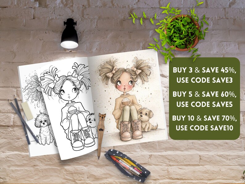 Peut inclure: Un livre de coloriage ouvert pr&eacute;sentant une illustration au trait et une illustration en couleur d'une fille avec des couettes tenant un cupcake &agrave; c&ocirc;t&eacute; d'un petit chien. La page inclut le texte : BUY 3 & SAVE 45%, USE CODE SAVE3, BUY 5 & SAVE 60%, USE CODE SAVE5, BUY 10 & SAVE 70%, USE CODE SAVE10.