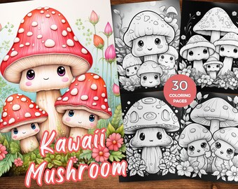 Kawaii Mushroom coloring Pages Cute mushroom coloring book Charming mushroom coloring sheets Adorable fungi grayscale coloring book PDF