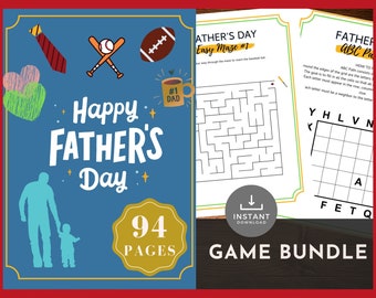 May include: A printable Father's Day game bundle with 94 pages. The bundle includes a maze and an alphabet puzzle. The cover features a blue background with the text "Happy Father's Day" and illustrations of a tie, baseball bat and ball, a football, and a coffee mug.