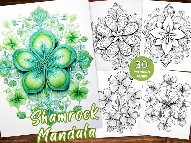 May include: A collection of coloring pages featuring floral and shamrock mandala designs. The cover image showcases a vibrant green shamrock mandala with the text "Shamrock Mandala". The set includes 30 coloring pages.