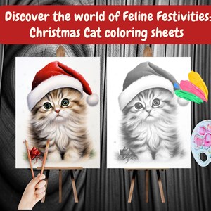 Puede incluir: Una p&aacute;gina para colorear con un gato que lleva un gorro de Pap&aacute; Noel. El gato est&aacute; en un caballete con pinceles y una paleta de pintura cerca. El texto "Discover the world of Feline Festivities: Christmas Cat coloring sheets" est&aacute; en la parte superior de la imagen.