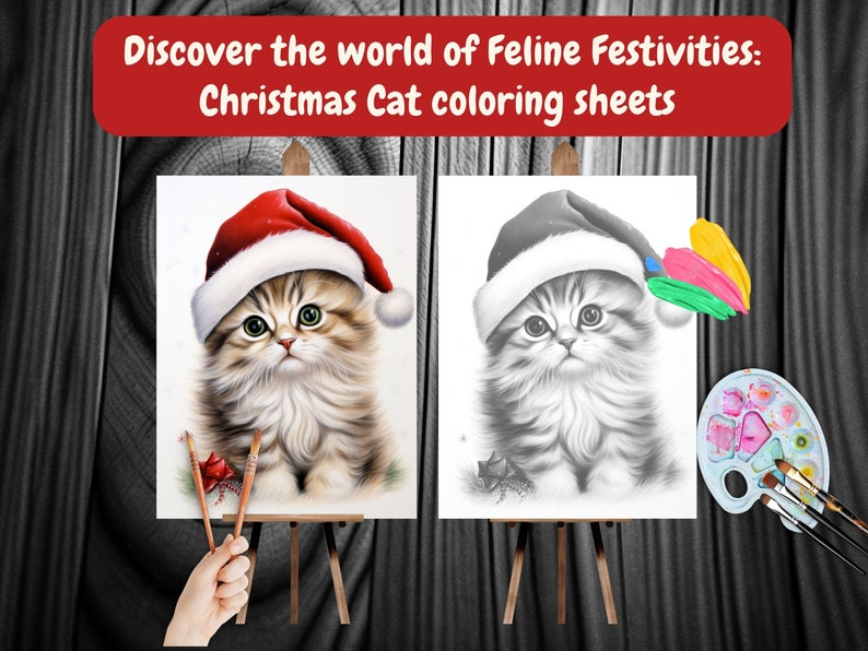 Puede incluir: Una p&aacute;gina para colorear con un gato que lleva un gorro de Pap&aacute; Noel. El gato est&aacute; en un caballete con pinceles y una paleta de pintura cerca. El texto "Discover the world of Feline Festivities: Christmas Cat coloring sheets" est&aacute; en la parte superior de la imagen.