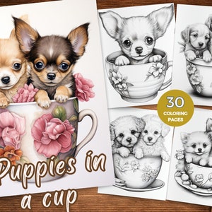 Puppies in a cup coloring Pages Puppy Coloring sheets Printable Coloring Pages of Puppies Grayscale Coloring Book Cute Puppies in Cups