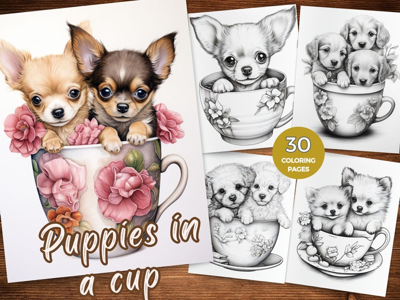 May include: A coloring book with 30 pages featuring adorable puppies in teacups. The cover shows two chihuahua puppies in a teacup with pink flowers.