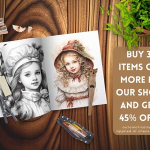 Vintage Christmas little girl coloring pages Holiday-themed coloring pages featuring little girls Winter Girls coloring book Grayscale color image 5