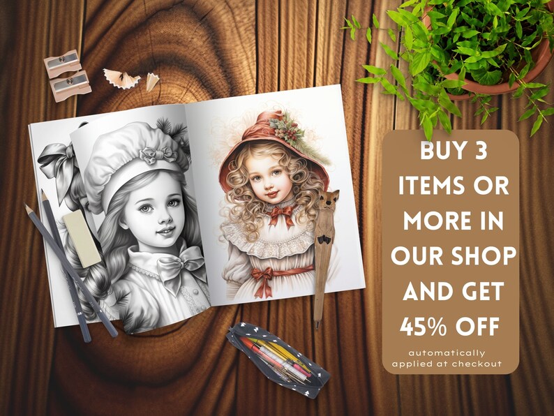 Vintage Christmas little girl coloring pages Holiday-themed coloring pages featuring little girls Winter Girls coloring book Grayscale color image 5
