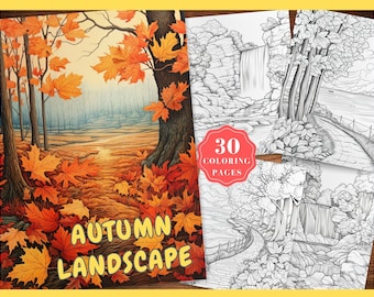 May include: A coloring book with 30 pages featuring autumn landscapes. The cover shows a colorful illustration of a forest path with fall foliage.