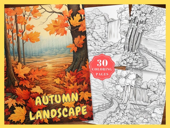 Minimalist Autumn Coloring Book Fall Coloring Pages for Adults Autumn Scene Grayscale Coloring Sheets Hello Autumn Colouring Printable PDF