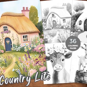 Country Life Coloring Pages, Coloring Book for Adults, Rural Countryside Scenes, Farm Life, Farm Animals, Printable PDF, Instant Download