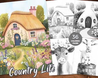 Dibujos para colorear de la vida en el campo, libro para colorear para adultos, escenas rurales, vida en la granja, animales de granja, PDF imprimible, descarga instantánea
