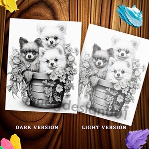 May include: Black and white pencil drawing of three small dogs sitting in a flower pot. The dogs are all looking at the viewer. The pot is decorated with flowers.