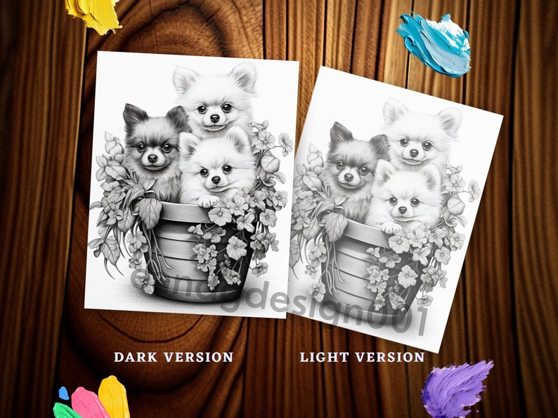 May include: Black and white pencil drawing of three small dogs sitting in a flower pot. The dogs are all looking at the viewer. The pot is decorated with flowers.