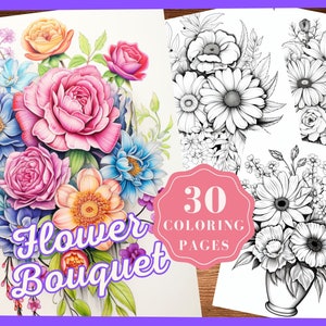 Flower Bouquet Coloring Sheets Instant Download, Printable Flower Coloring Pages, Coloring Book for Adults, Grayscale Coloring Flowers