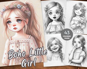 Boho Girl Grayscale Coloring Pages Boho Girl Coloring Book Bohemian Little Girl Coloring Pages Instant Download Boho Little Girl Coloring