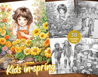 Kids in Spring Grayscale Coloring Book Instant Download Printable PDF Spring coloring pages for Adults kids in bloom Coloring Springtime