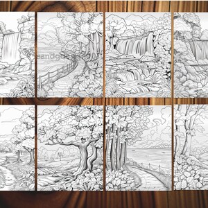 May include: Eight black and white line drawings of nature scenes. The scenes include a waterfall, a path through a forest, a lake, and a river. The drawings are perfect for coloring.