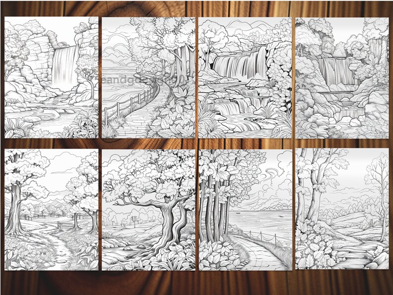 May include: Eight black and white line drawings of nature scenes. The scenes include a waterfall, a path through a forest, a lake, and a river. The drawings are perfect for coloring.