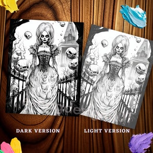 May include: A black and white illustration of a woman in a long dress walking through a gate with skulls floating around her. The woman has long hair and a pale complexion. The background is a dark and mysterious forest.