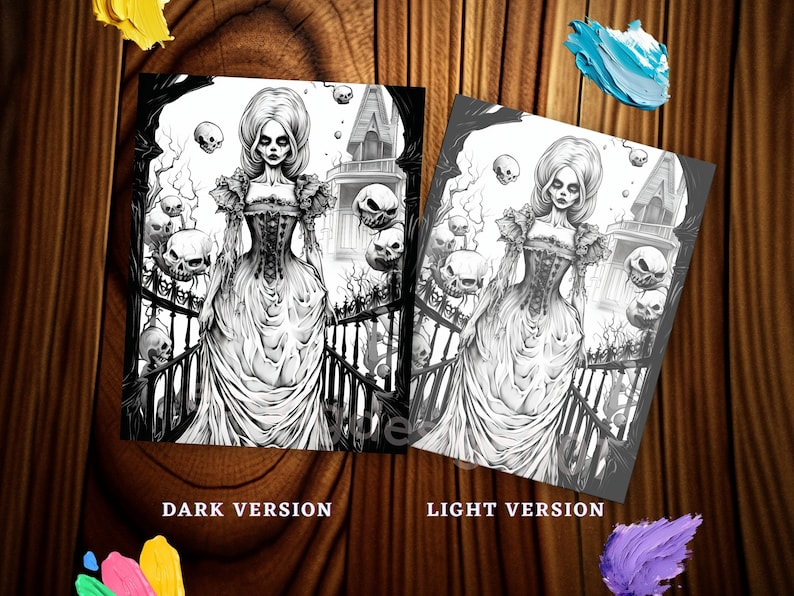 May include: A black and white illustration of a woman in a long dress walking through a gate with skulls floating around her. The woman has long hair and a pale complexion. The background is a dark and mysterious forest.