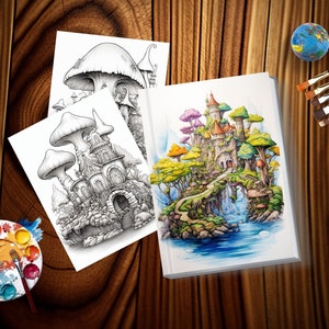 May include: A collection of fantasy art coloring books and supplies on a wooden surface. The books feature illustrations of mushroom houses and a colorful castle scene. Paintbrushes, a globe, and a paint palette are also present.