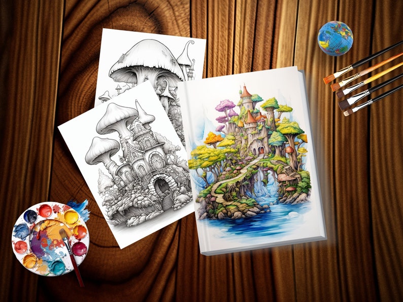 May include: A collection of fantasy art coloring books and supplies on a wooden surface. The books feature illustrations of mushroom houses and a colorful castle scene. Paintbrushes, a globe, and a paint palette are also present.