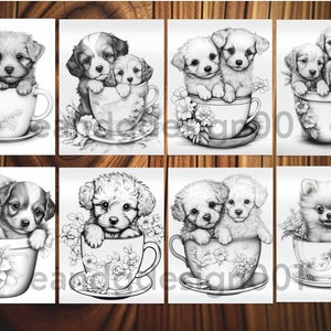 May include: Eight black and white illustrations of dogs in teacups. Each image features a different breed of dog, including a poodle, a terrier, and a chihuahua. The dogs are all sitting in teacups with flowers and leaves around them.