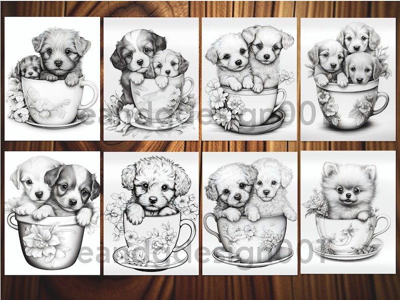 May include: Eight black and white illustrations of dogs in teacups. Each image features a different breed of dog, including a poodle, a terrier, and a chihuahua. The dogs are all sitting in teacups with flowers and leaves around them.