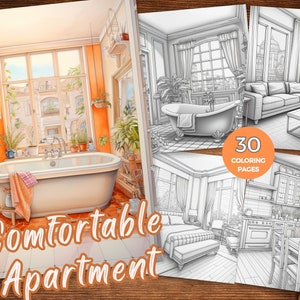 House Interior Coloring Page Interior Design Coloring Pages Comfortable Apartment Coloring Pages Cozy living space Grayscale coloring book
