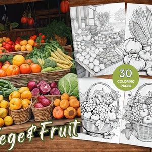 Vege and fruit coloring pages for Adults Juicy Fruit coloring sheets Farmer produce coloring book featuring healthy food Grayscale coloring