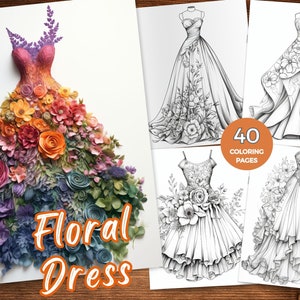 May include: A colorful floral dress made of paper flowers. The dress is a gradient of colors from purple to blue to green to yellow to orange to red. The dress is surrounded by a white background with the text "Floral Dress" in orange letters.