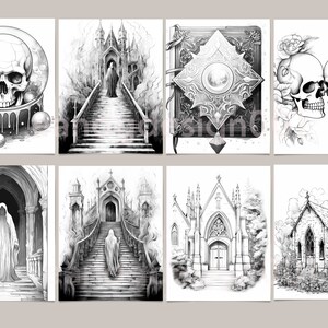 May include: A set of eight black and white illustrations featuring gothic and spooky themes. The illustrations include a skull in a bubble, a gothic castle, a book with a skull, two skulls with roses, a ghost in a doorway, a ghost on a staircase, a gothic church, and a small church in a field.